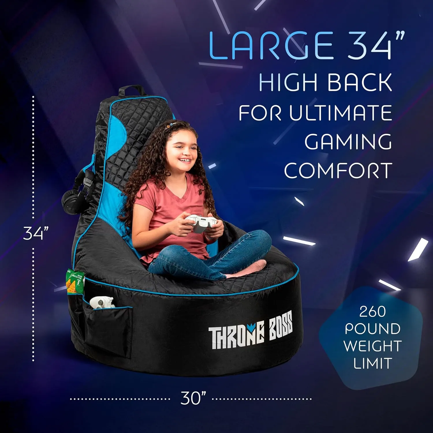 Throne Boss Gaming Bean Bag Chair for Kids [Cover ONLY No Filling] - High Back Beanbag for Boys, Girls, and Gamers with Cup Holder (Black/Blue)