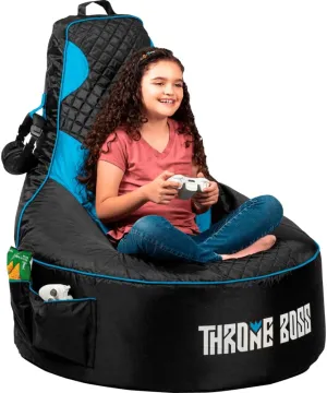 Throne Boss Gaming Bean Bag Chair for Kids [Cover ONLY No Filling] - High Back Beanbag for Boys, Girls, and Gamers with Cup Holder (Black/Blue)