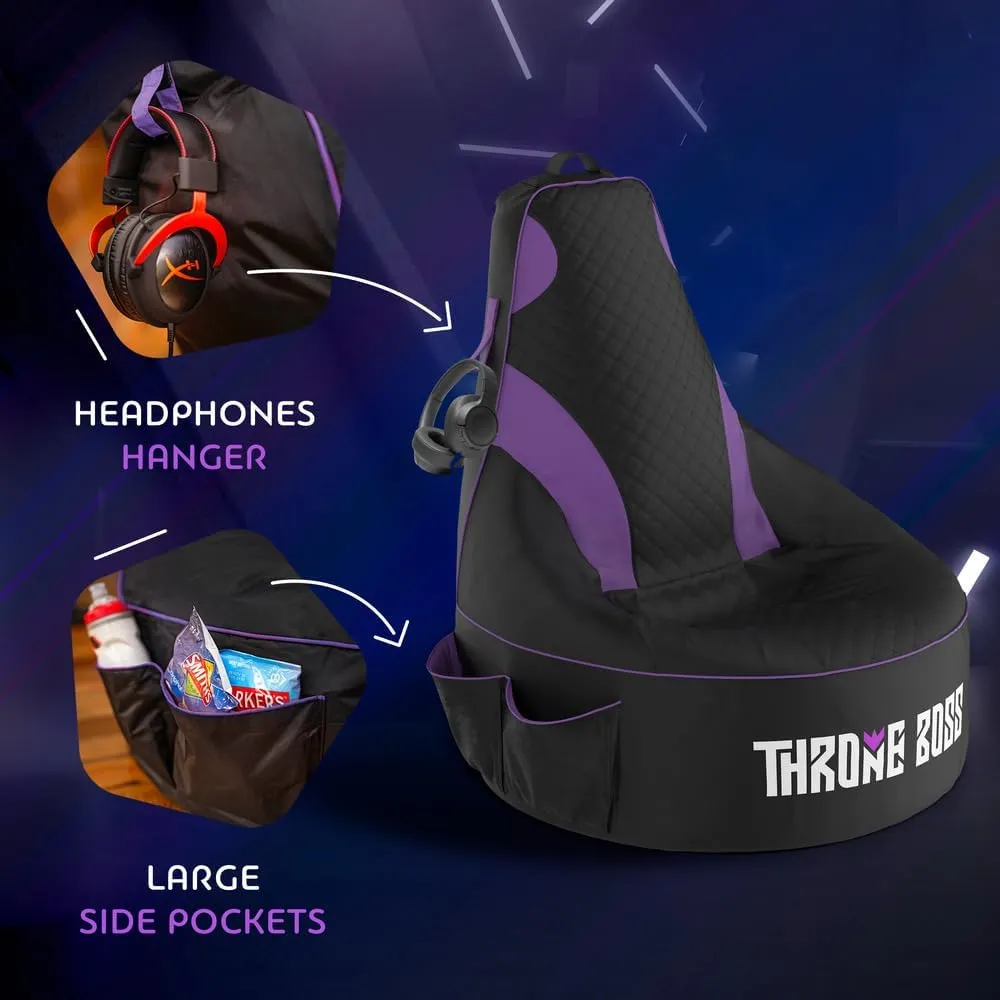 Throne Boss Gaming Bean Bag Chair for Kids [Cover ONLY No Filling] - High Back Beanbag for Boys, Girls, and Gamers with Cup Holder (Black/Purple)