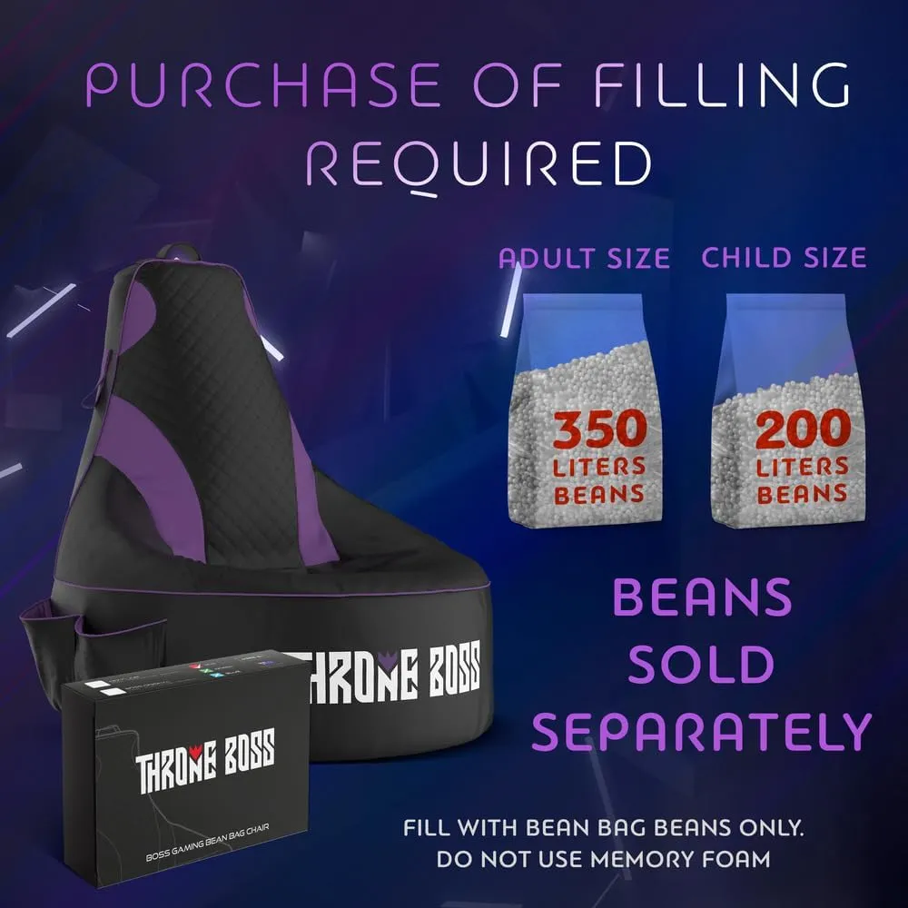 Throne Boss Gaming Bean Bag Chair for Kids [Cover ONLY No Filling] - High Back Beanbag for Boys, Girls, and Gamers with Cup Holder (Black/Purple)