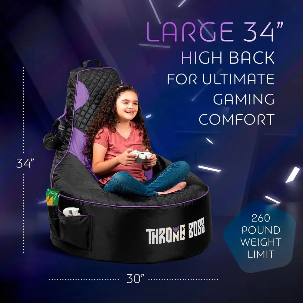 Throne Boss Gaming Bean Bag Chair for Kids [Cover ONLY No Filling] - High Back Beanbag for Boys, Girls, and Gamers with Cup Holder (Black/Purple)