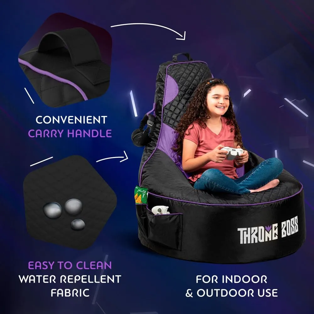 Throne Boss Gaming Bean Bag Chair for Kids [Cover ONLY No Filling] - High Back Beanbag for Boys, Girls, and Gamers with Cup Holder (Black/Purple)