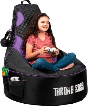 Throne Boss Gaming Bean Bag Chair for Kids [Cover ONLY No Filling] - High Back Beanbag for Boys, Girls, and Gamers with Cup Holder (Black/Purple)