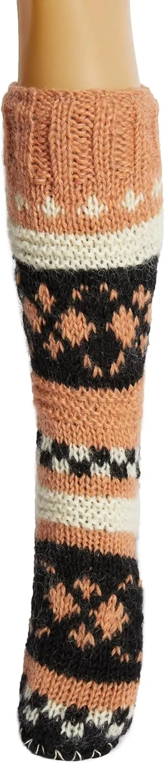 Tibetan Socks Hand Knit Wool Fleece Lined Long Slipper Socks with Non Slip Soles