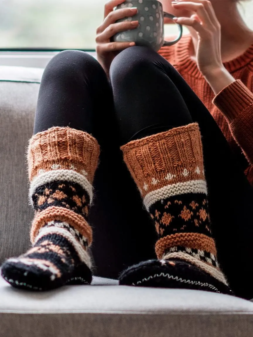 Tibetan Socks Hand Knit Wool Fleece Lined Long Slipper Socks with Non Slip Soles