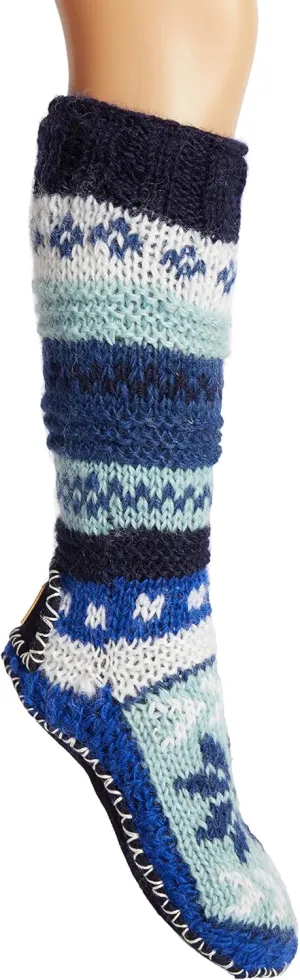 Tibetan Socks Hand Knit Wool Fleece Lined Long Slipper Socks with Non Slip Soles