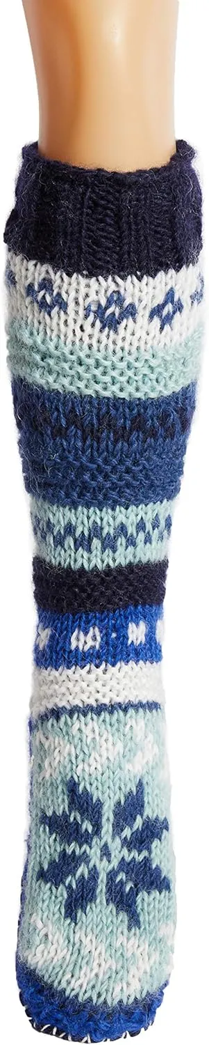 Tibetan Socks Hand Knit Wool Fleece Lined Long Slipper Socks with Non Slip Soles