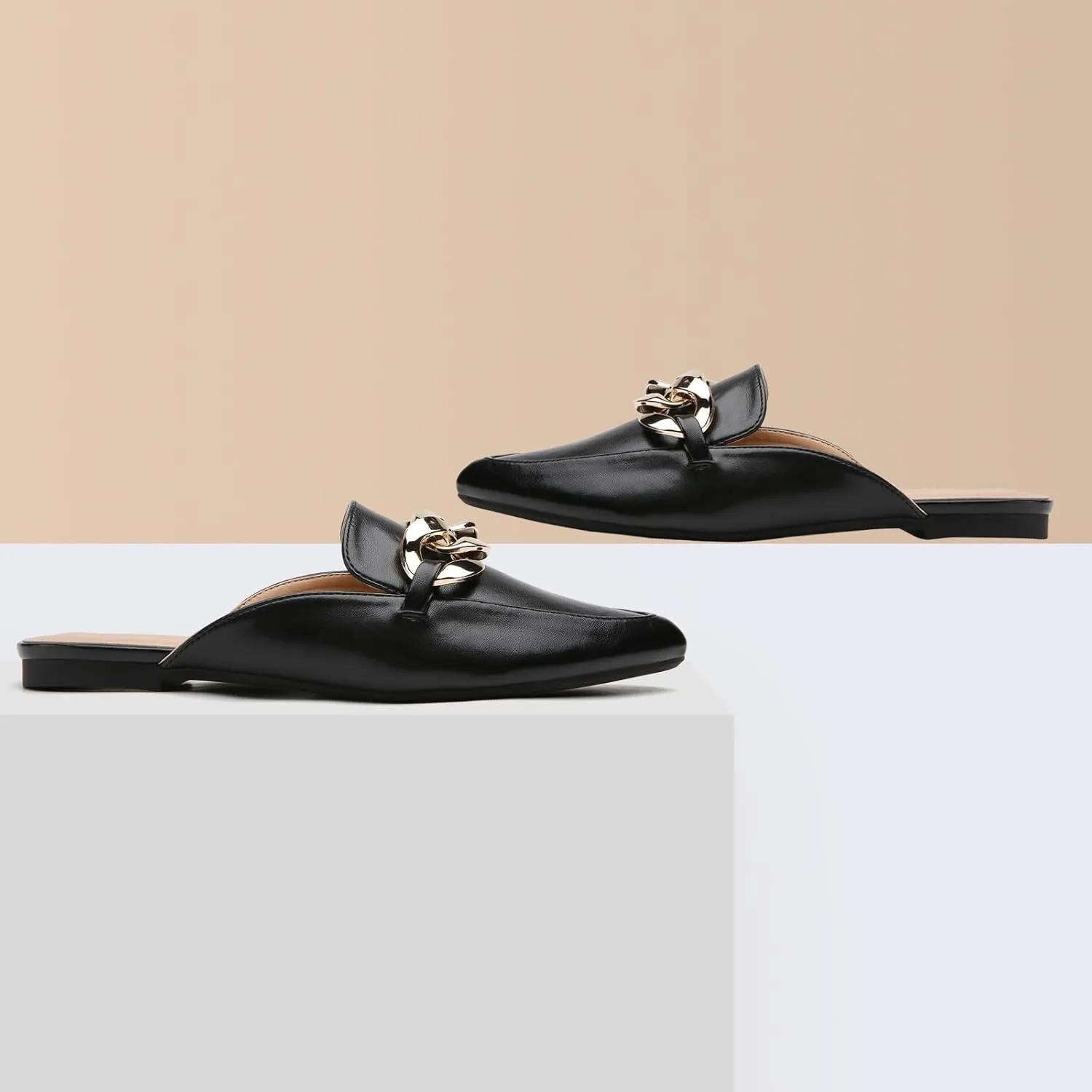 Tilocow Mules for Woman - Flats Shoes Women Dressy Comfortable Mules Metal Chain Slip Ons Backless Loafers Fashion 2023 Shoes