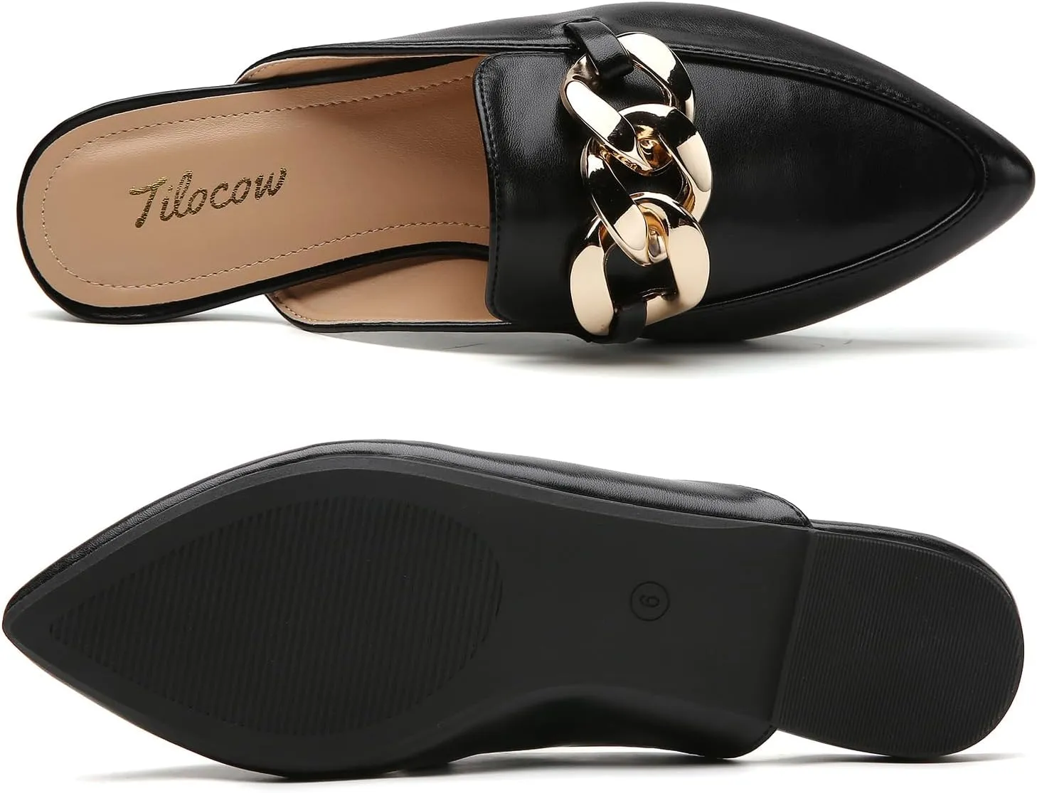 Tilocow Mules for Woman - Flats Shoes Women Dressy Comfortable Mules Metal Chain Slip Ons Backless Loafers Fashion 2023 Shoes