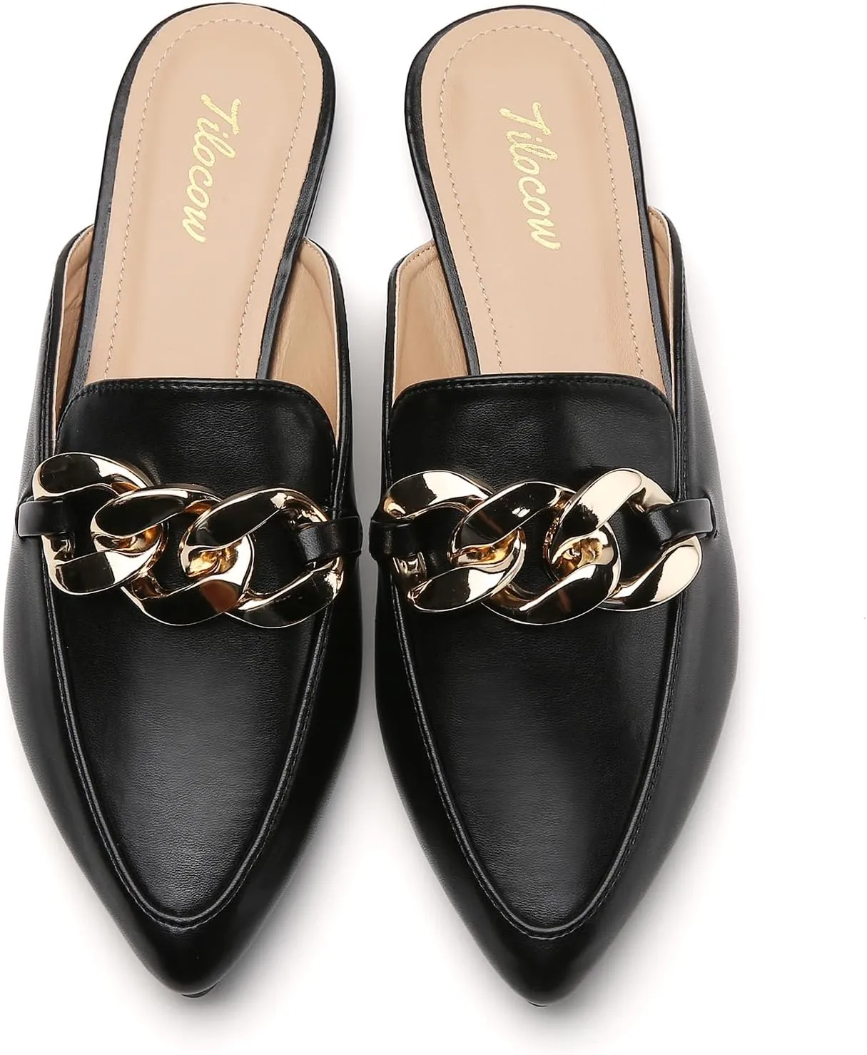 Tilocow Mules for Woman - Flats Shoes Women Dressy Comfortable Mules Metal Chain Slip Ons Backless Loafers Fashion 2023 Shoes