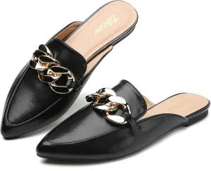 Tilocow Mules for Woman - Flats Shoes Women Dressy Comfortable Mules Metal Chain Slip Ons Backless Loafers Fashion 2023 Shoes
