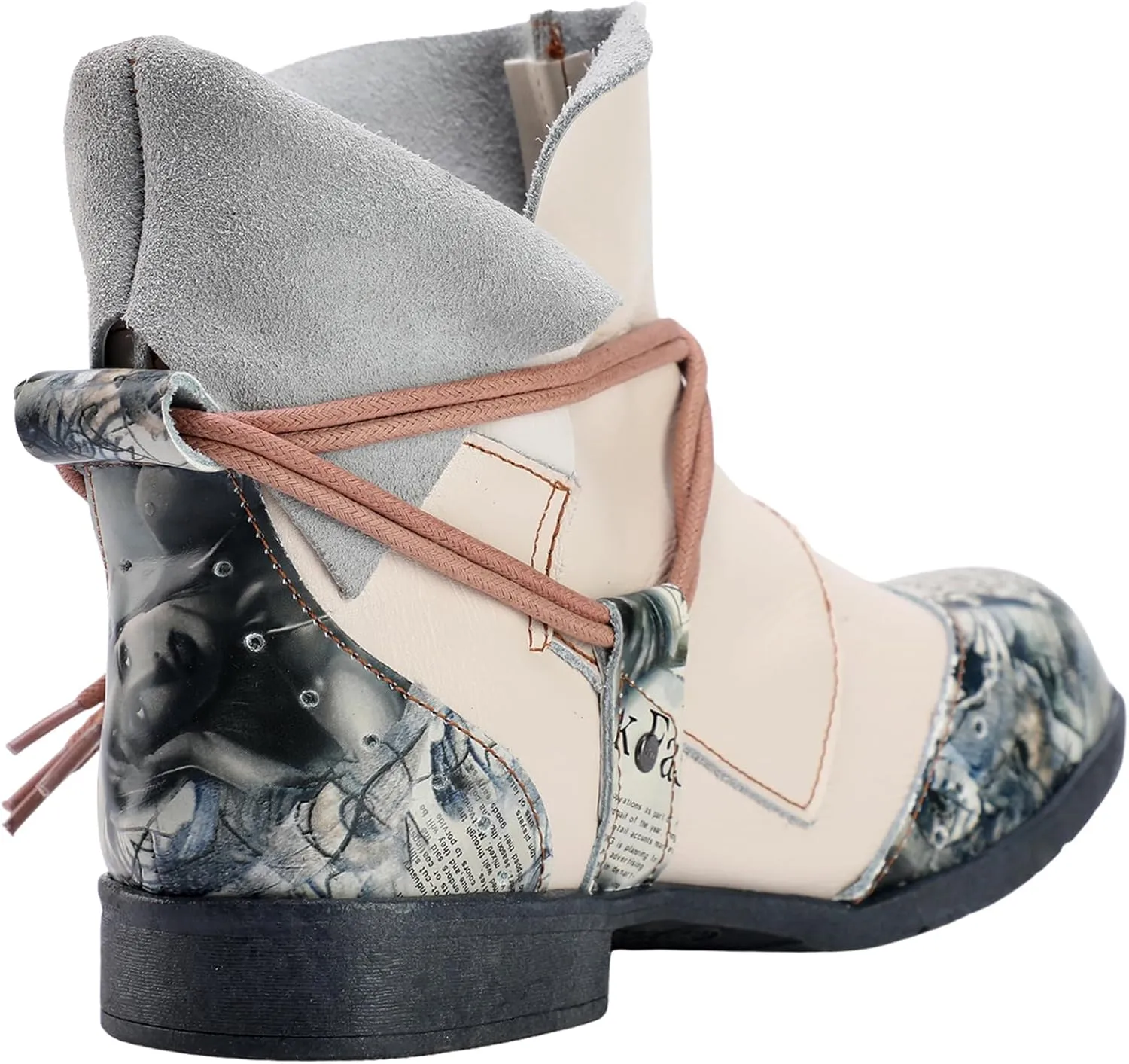 TMA EYES Women's Retro Slip-on Printing Ankle Boots Comfortable Flat Shoes with Tie-Accent Decoration