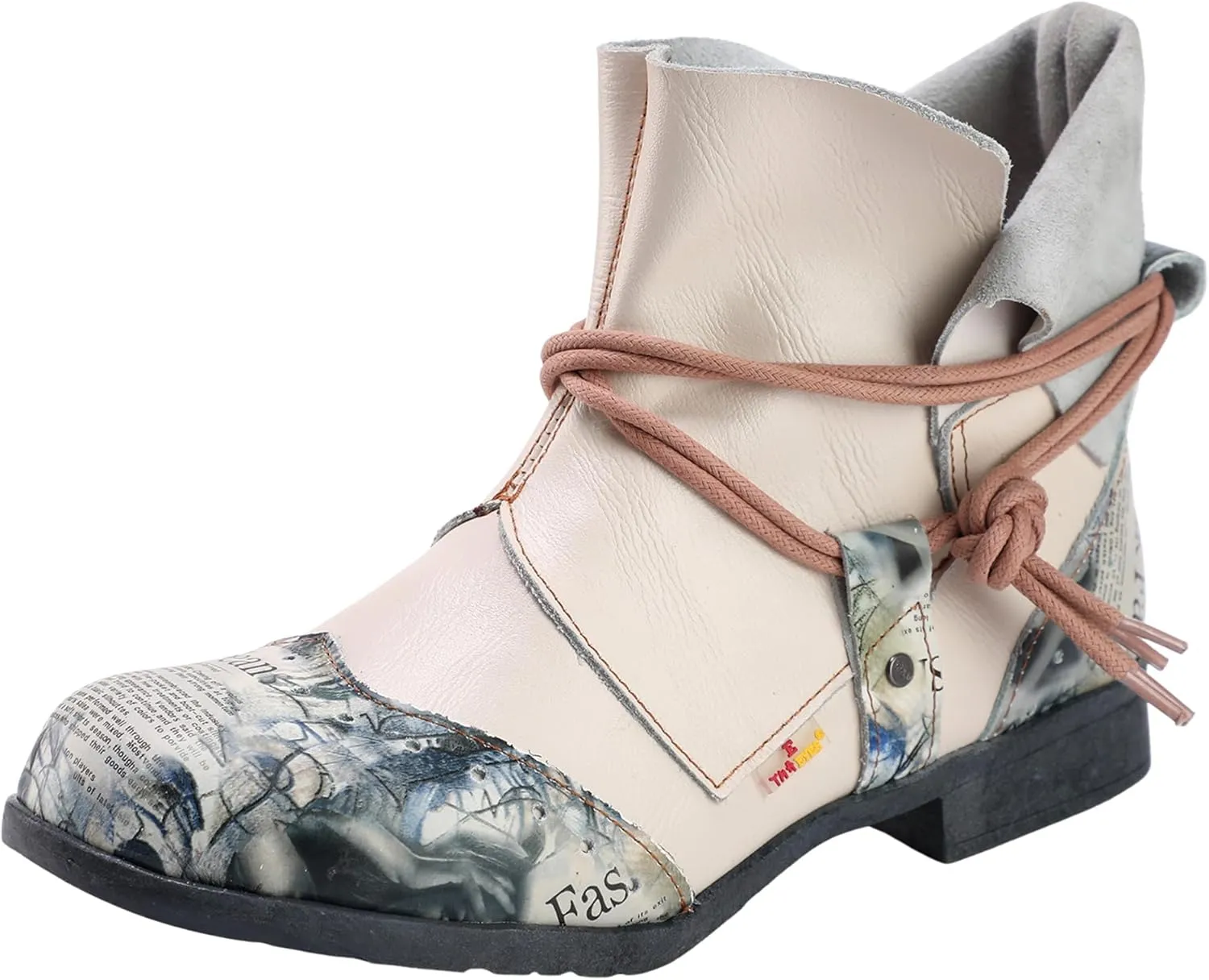 TMA EYES Women's Retro Slip-on Printing Ankle Boots Comfortable Flat Shoes with Tie-Accent Decoration