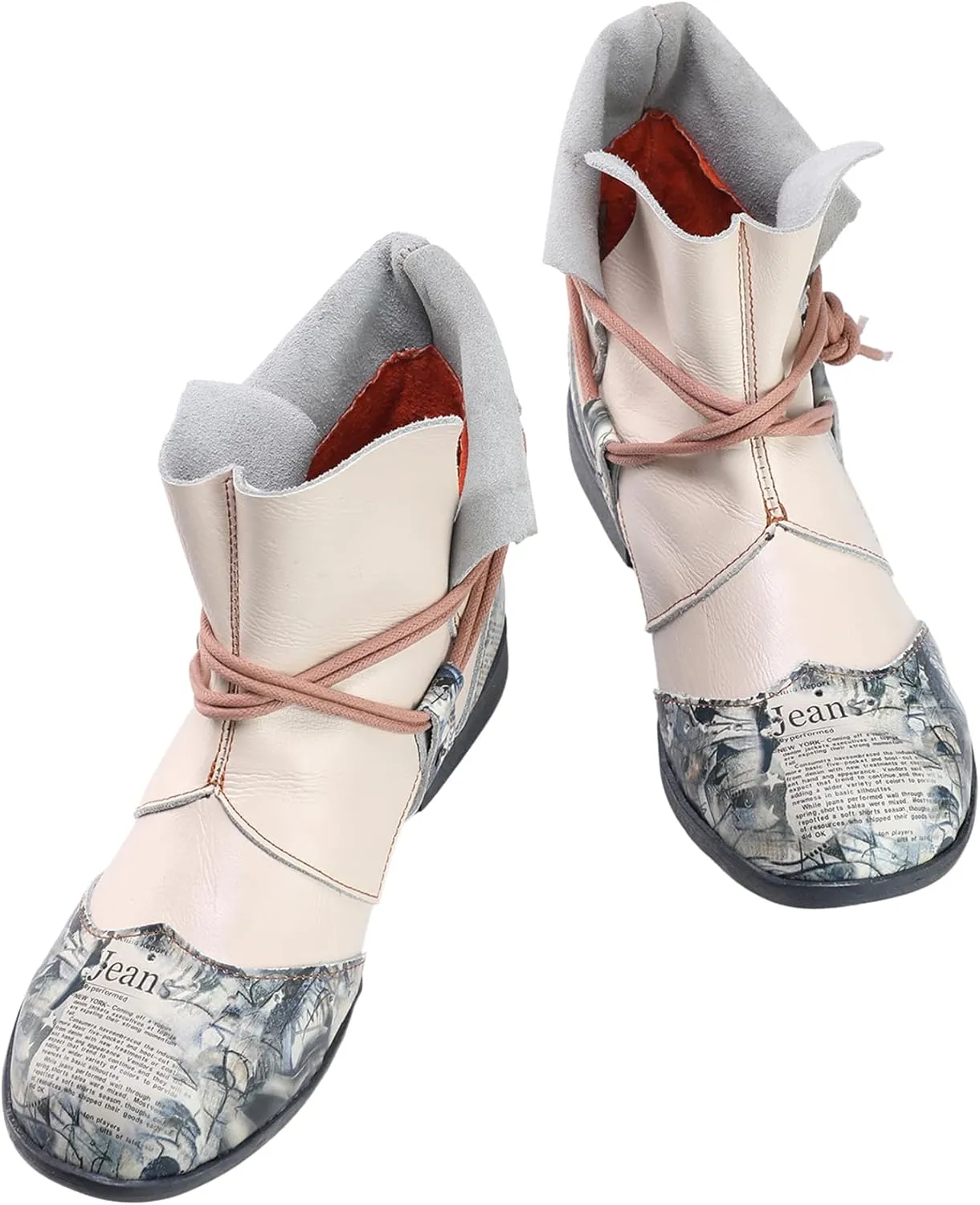 TMA EYES Women's Retro Slip-on Printing Ankle Boots Comfortable Flat Shoes with Tie-Accent Decoration