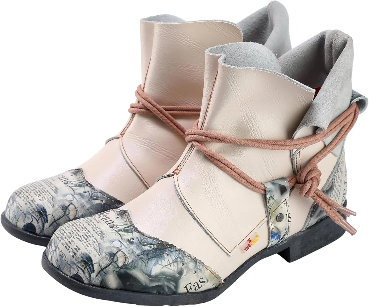 TMA EYES Women's Retro Slip-on Printing Ankle Boots Comfortable Flat Shoes with Tie-Accent Decoration