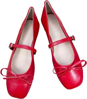 TN TANGNEST Leather Flats for Women Comfortable Square Toe Bowknot Ballet Flats Retro Slip On Mary Jane Flats