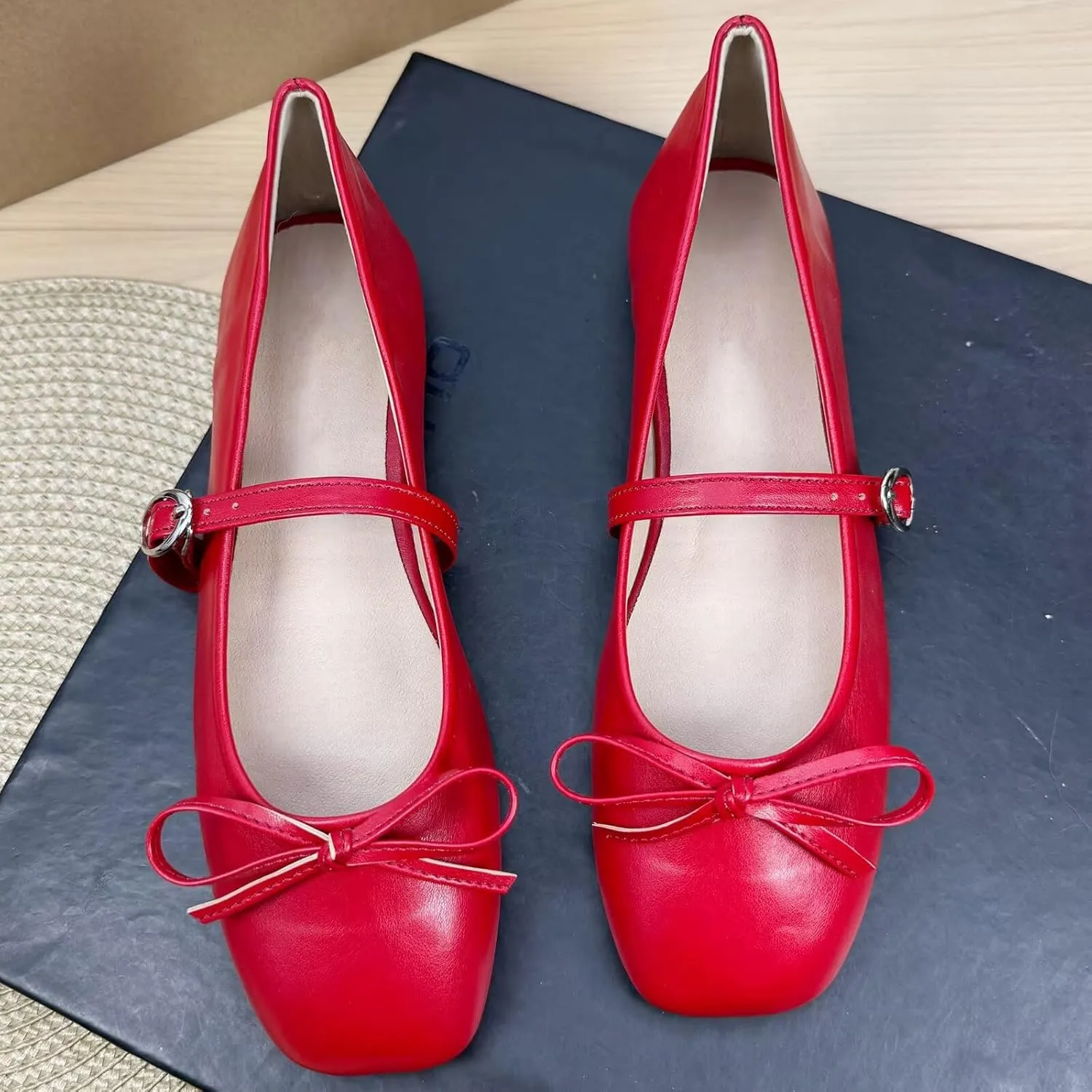 TN TANGNEST Leather Flats for Women Comfortable Square Toe Bowknot Ballet Flats Retro Slip On Mary Jane Flats