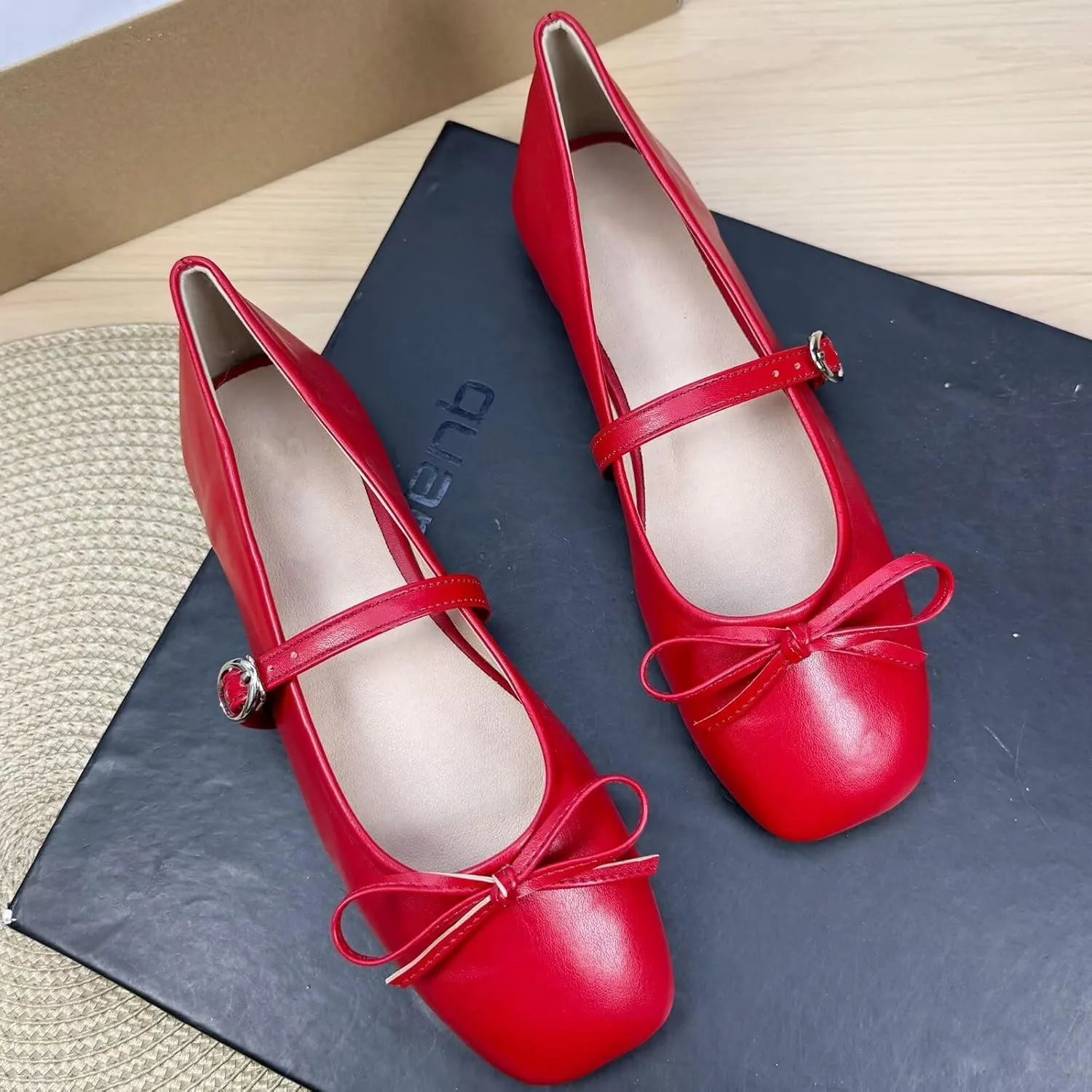 TN TANGNEST Leather Flats for Women Comfortable Square Toe Bowknot Ballet Flats Retro Slip On Mary Jane Flats