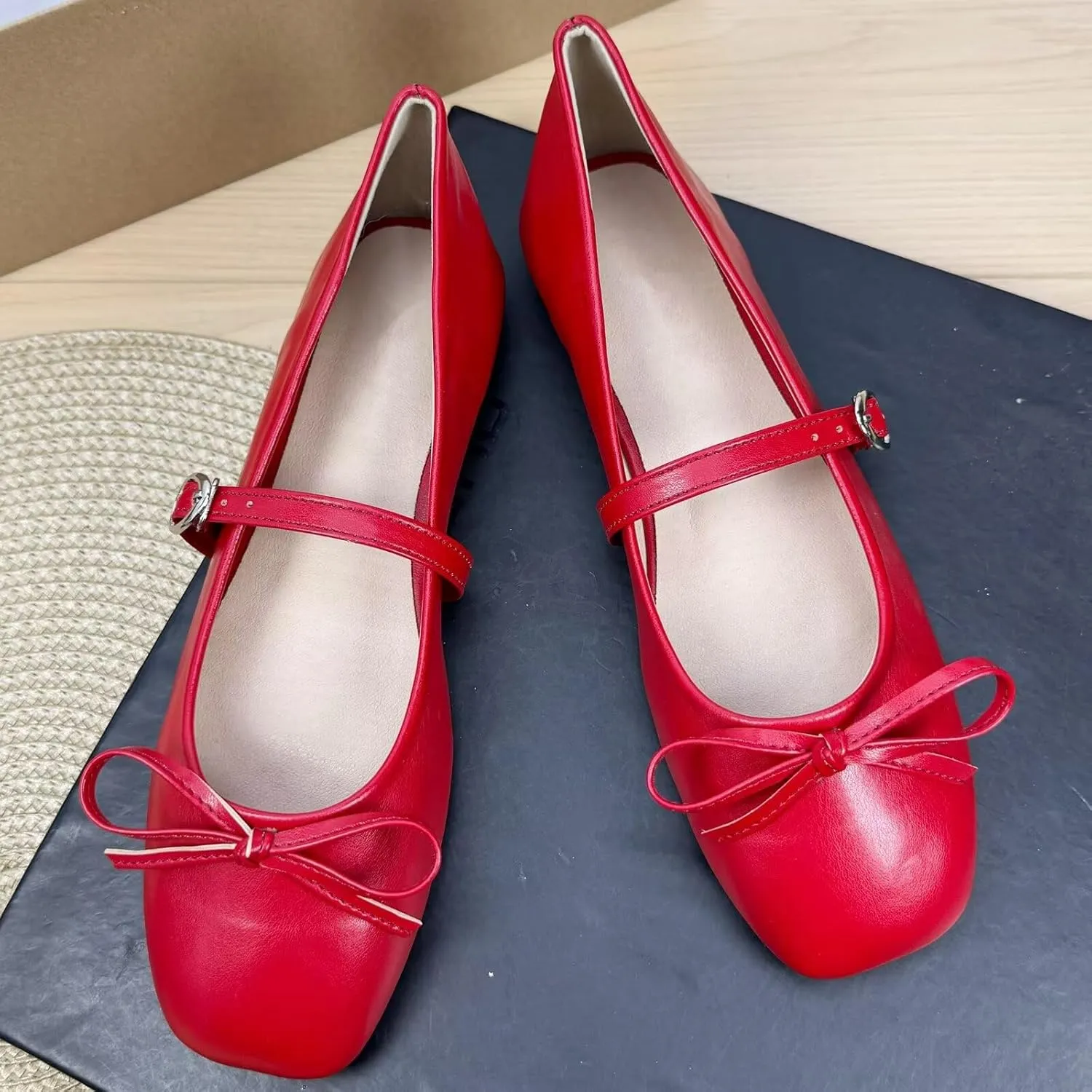 TN TANGNEST Leather Flats for Women Comfortable Square Toe Bowknot Ballet Flats Retro Slip On Mary Jane Flats