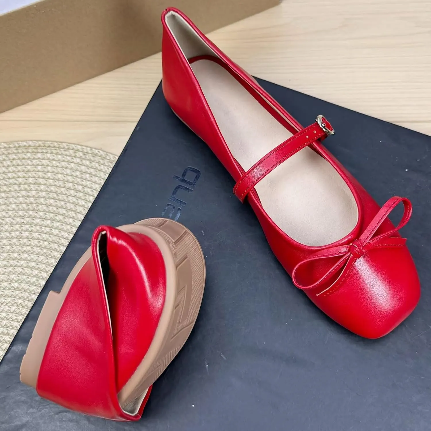 TN TANGNEST Leather Flats for Women Comfortable Square Toe Bowknot Ballet Flats Retro Slip On Mary Jane Flats