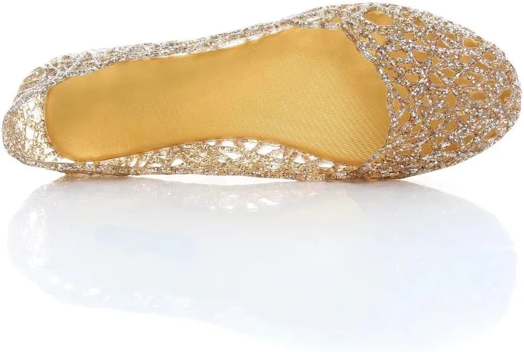TN TANGNEST Women's Beach Hollow Jelly Shoes Bling PVC Slip On Summer Casual Flat Sandals