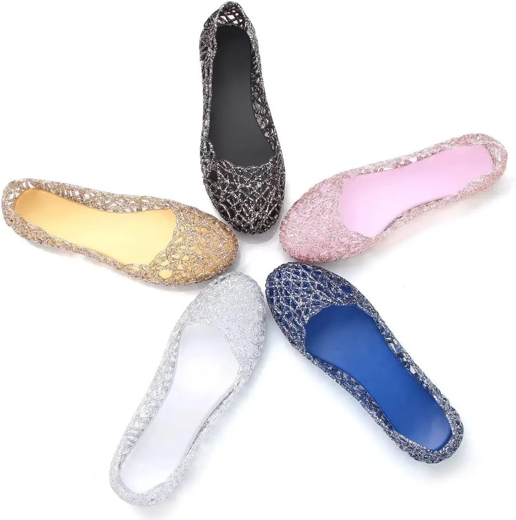 TN TANGNEST Women's Beach Hollow Jelly Shoes Bling PVC Slip On Summer Casual Flat Sandals