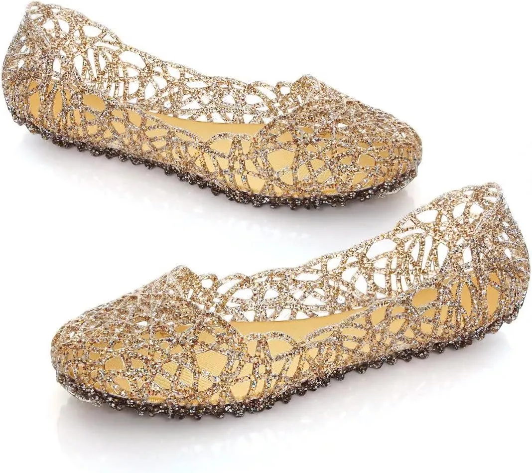 TN TANGNEST Women's Beach Hollow Jelly Shoes Bling PVC Slip On Summer Casual Flat Sandals