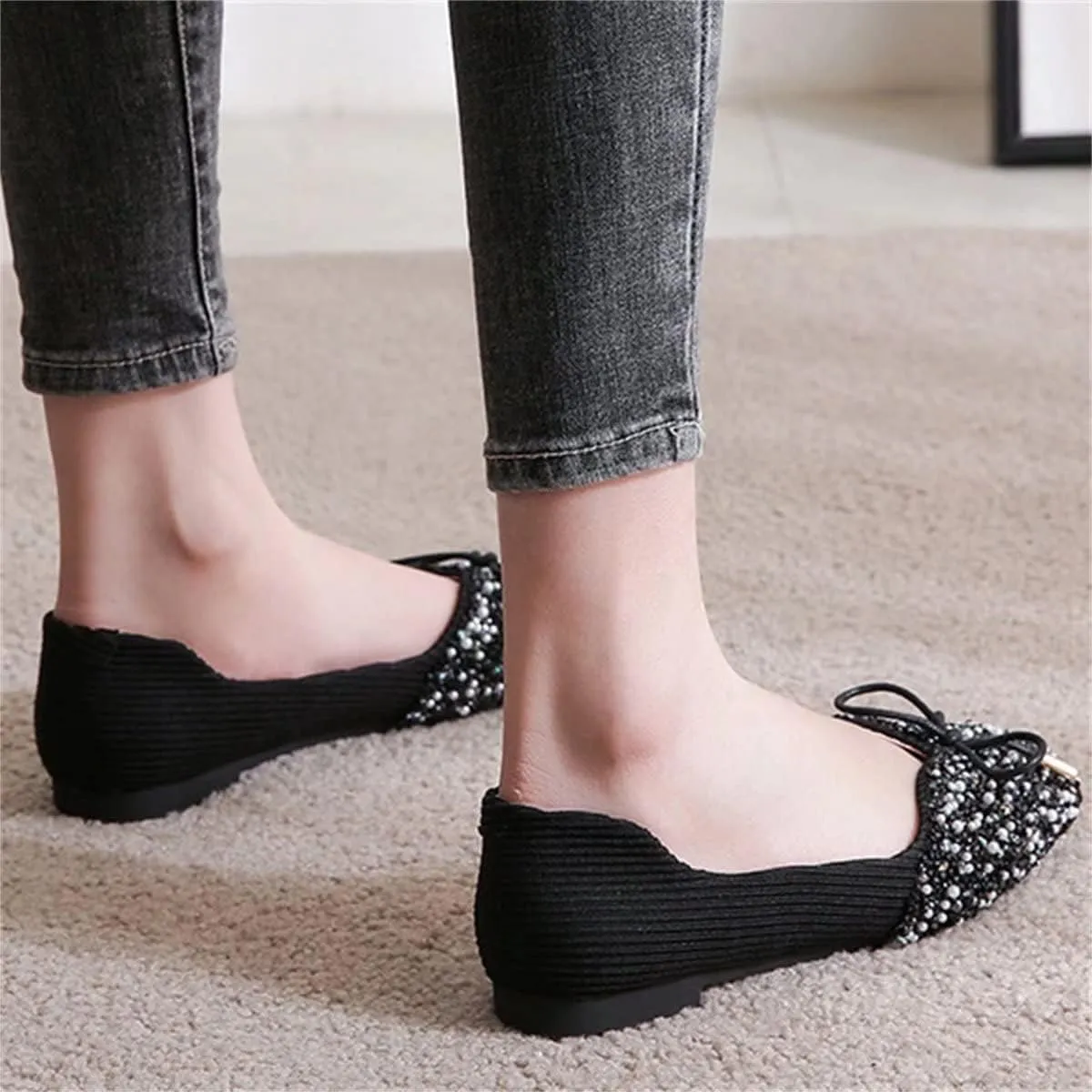 TN TANGNEST Women's Rhinestone Flats Comfortable Square Toe Slip on Flat Shoes