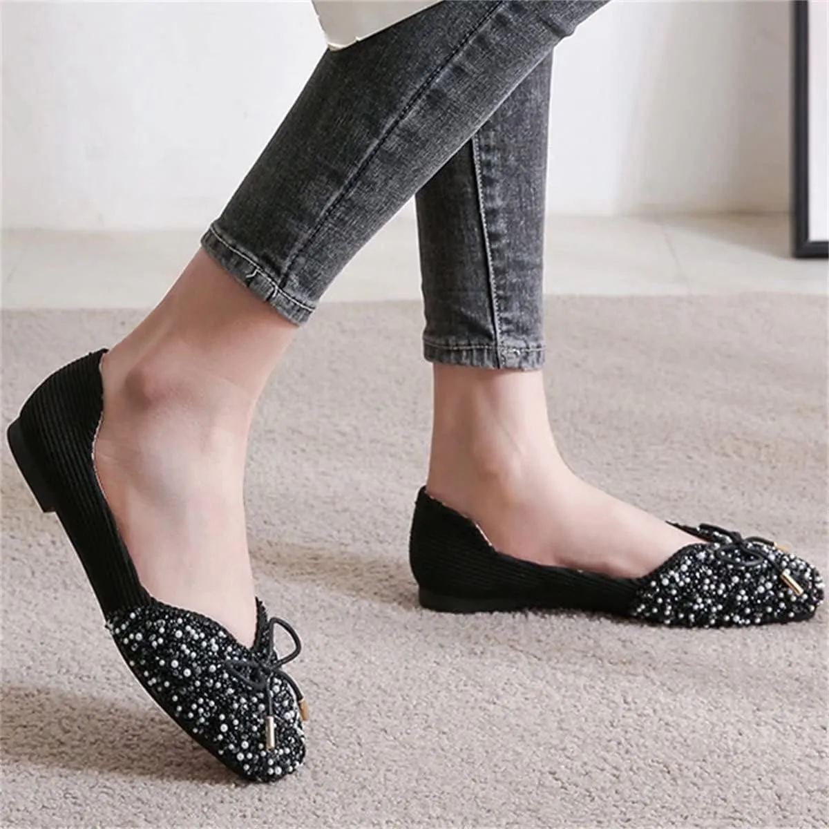 TN TANGNEST Women's Rhinestone Flats Comfortable Square Toe Slip on Flat Shoes