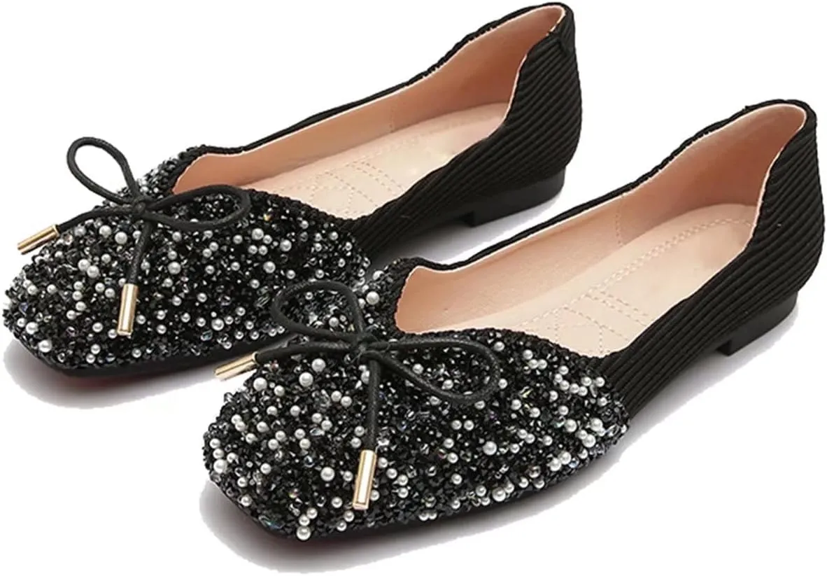 TN TANGNEST Women's Rhinestone Flats Comfortable Square Toe Slip on Flat Shoes