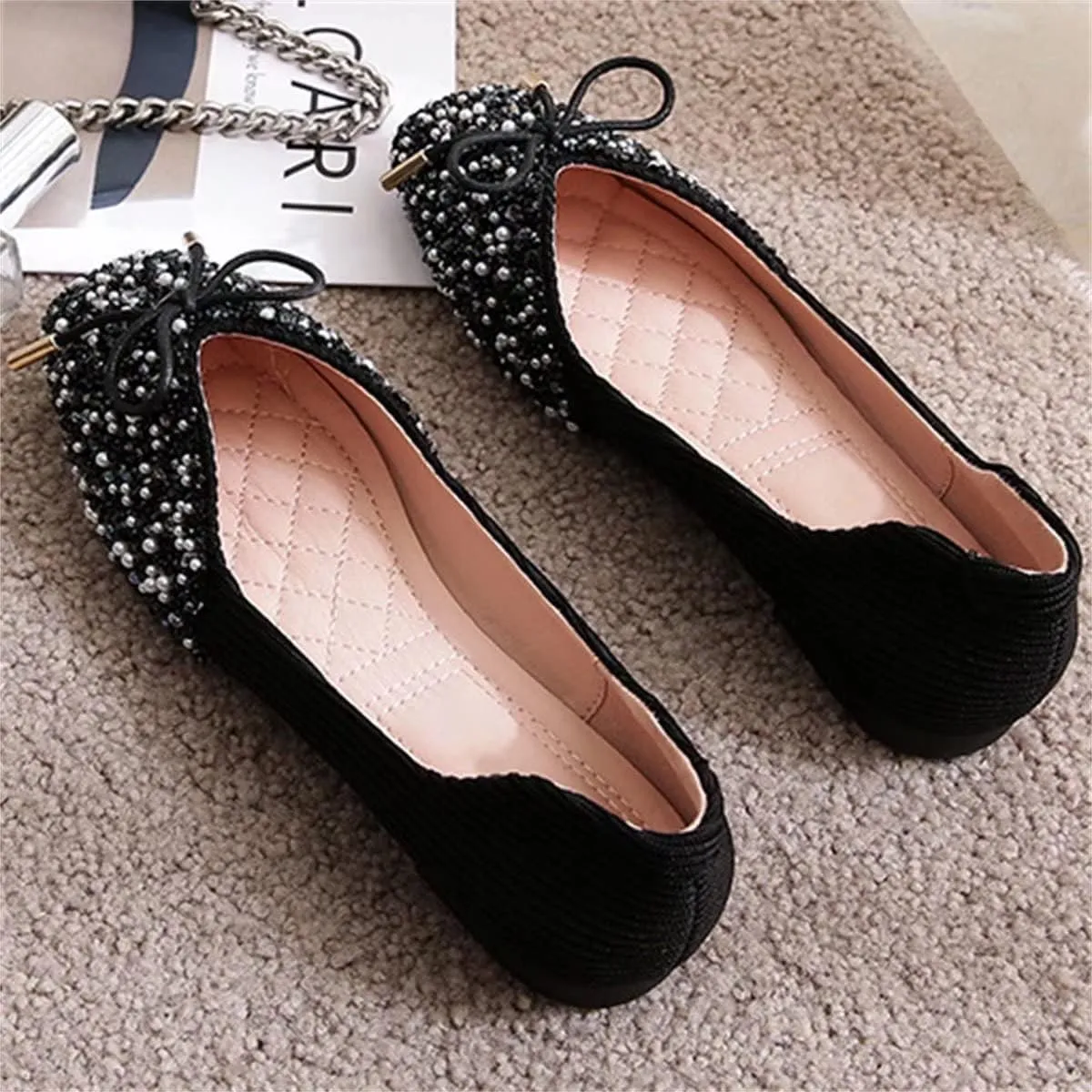 TN TANGNEST Women's Rhinestone Flats Comfortable Square Toe Slip on Flat Shoes
