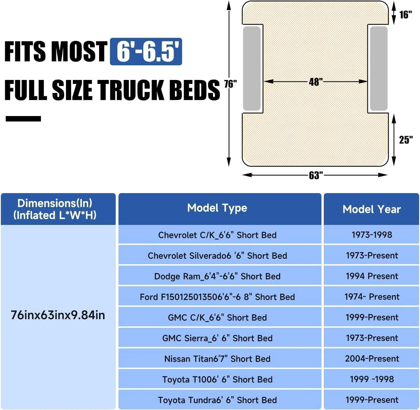 Truck Bed Air Mattress for 6.5ft: Inflatable Pickup Air Mattress, Full Size Short Truck Bed for Chevrolet Silverado, Dodge Ram, Ford, with Air Pump 2 Pillows, Carry Bag, Black