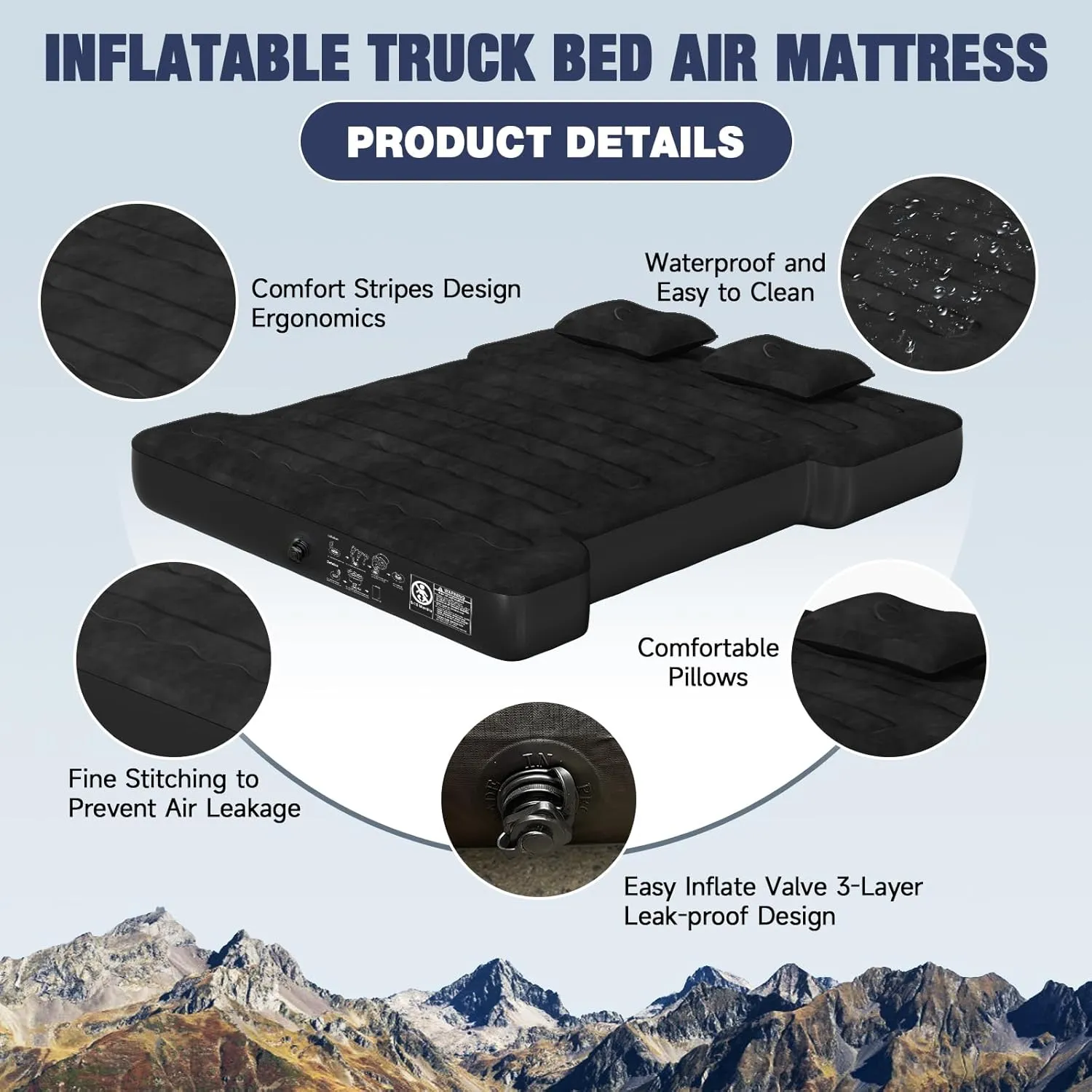Truck Bed Air Mattress for 6.5ft: Inflatable Pickup Air Mattress, Full Size Short Truck Bed for Chevrolet Silverado, Dodge Ram, Ford, with Air Pump 2 Pillows, Carry Bag, Black