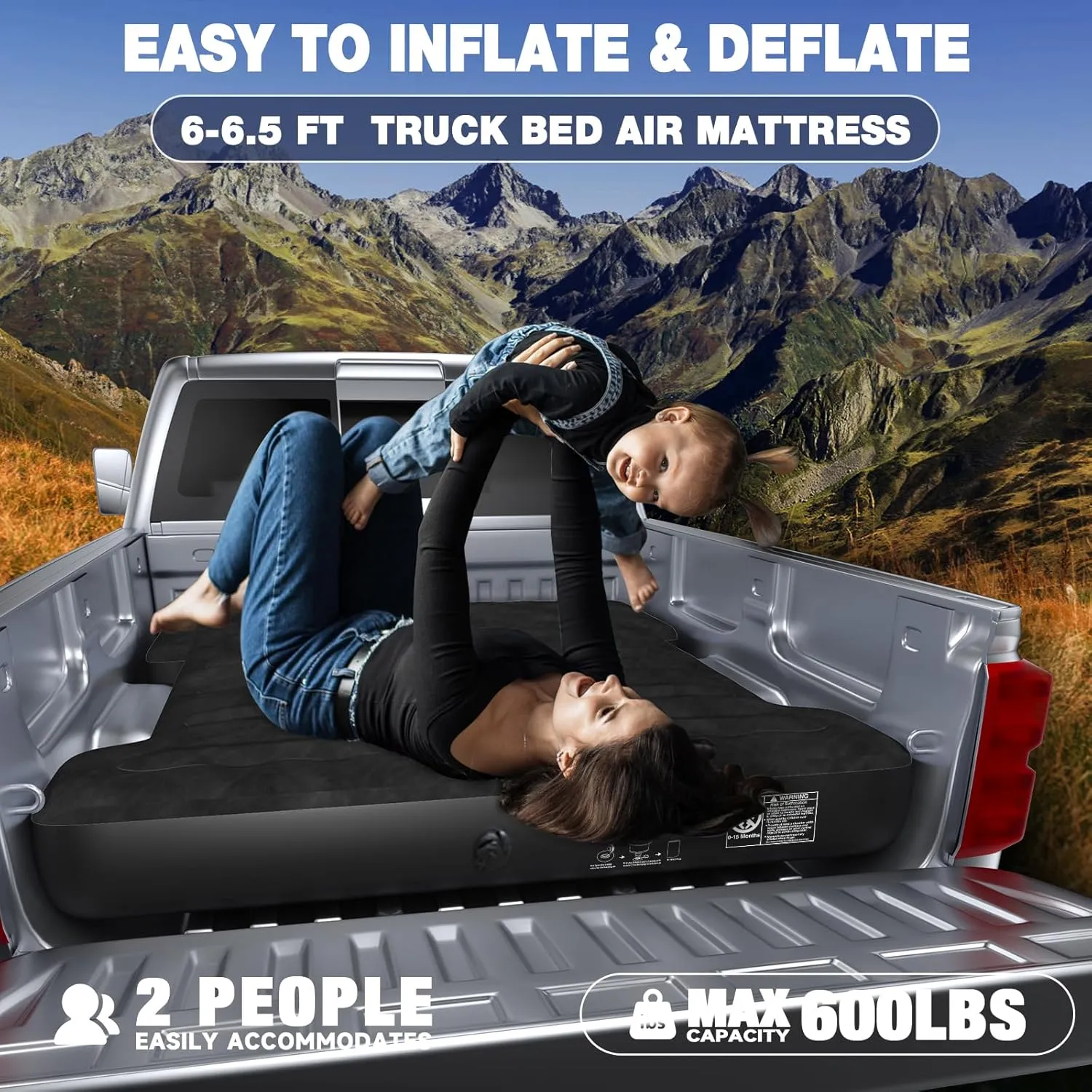 Truck Bed Air Mattress for 6.5ft: Inflatable Pickup Air Mattress, Full Size Short Truck Bed for Chevrolet Silverado, Dodge Ram, Ford, with Air Pump 2 Pillows, Carry Bag, Black