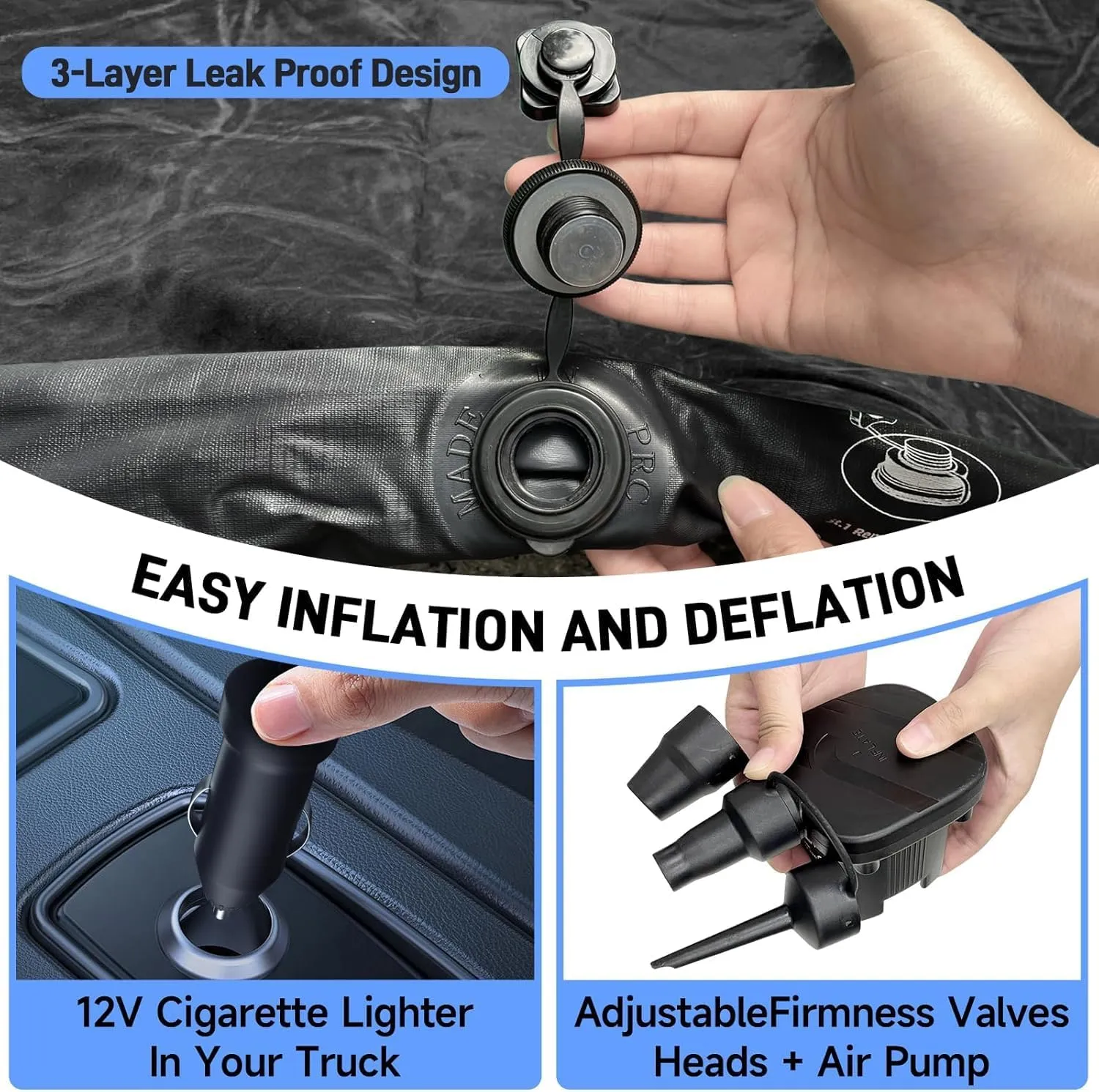 Truck Bed Air Mattress for 6.5ft: Inflatable Pickup Air Mattress, Full Size Short Truck Bed for Chevrolet Silverado, Dodge Ram, Ford, with Air Pump 2 Pillows, Carry Bag, Black