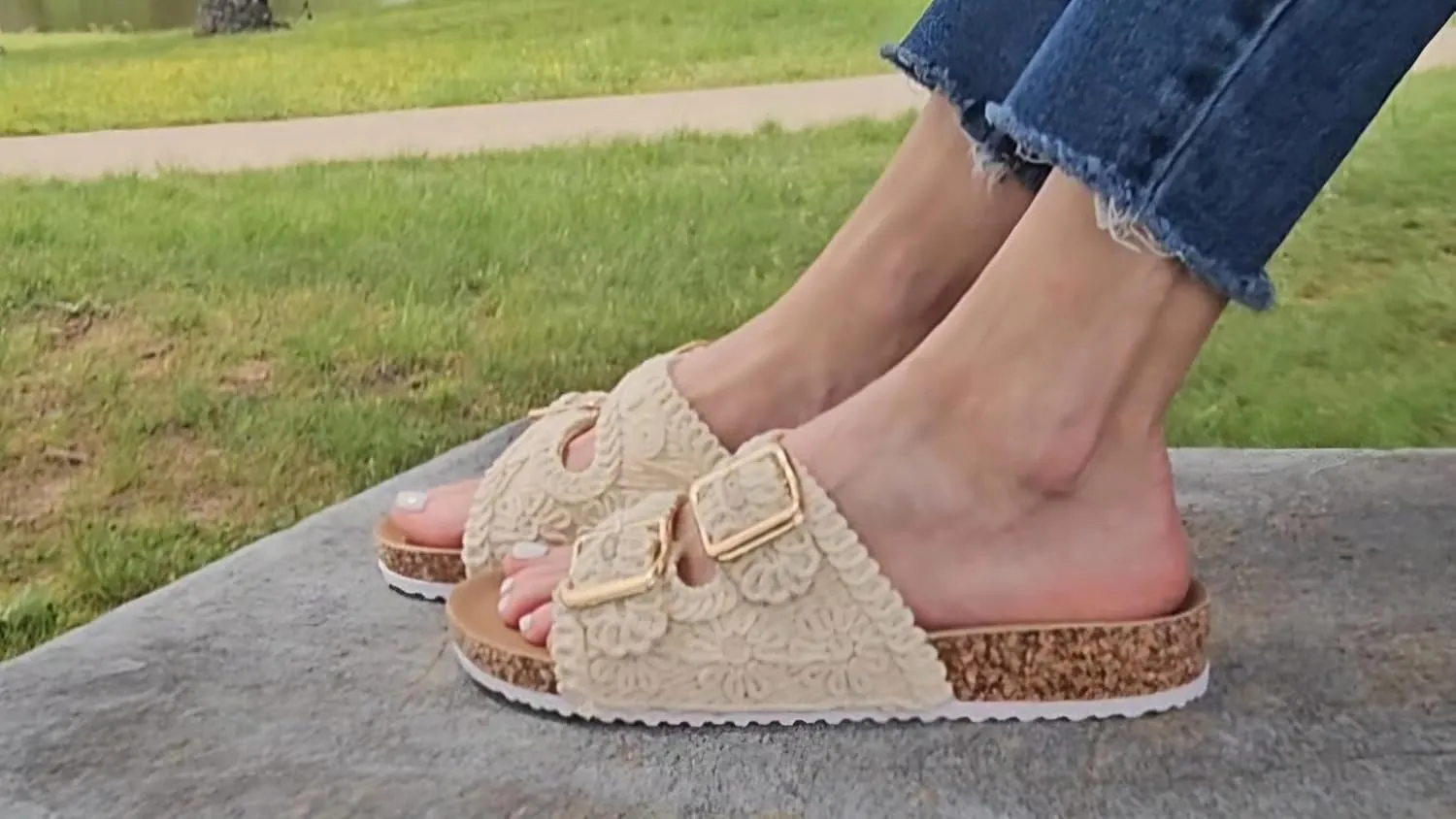TruFox Women's Crochet Double Strap Flat Sandals Comfortable with Cork Molded Footbed