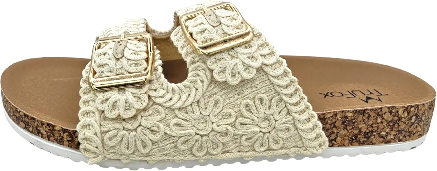 TruFox Women's Crochet Double Strap Flat Sandals Comfortable with Cork Molded Footbed