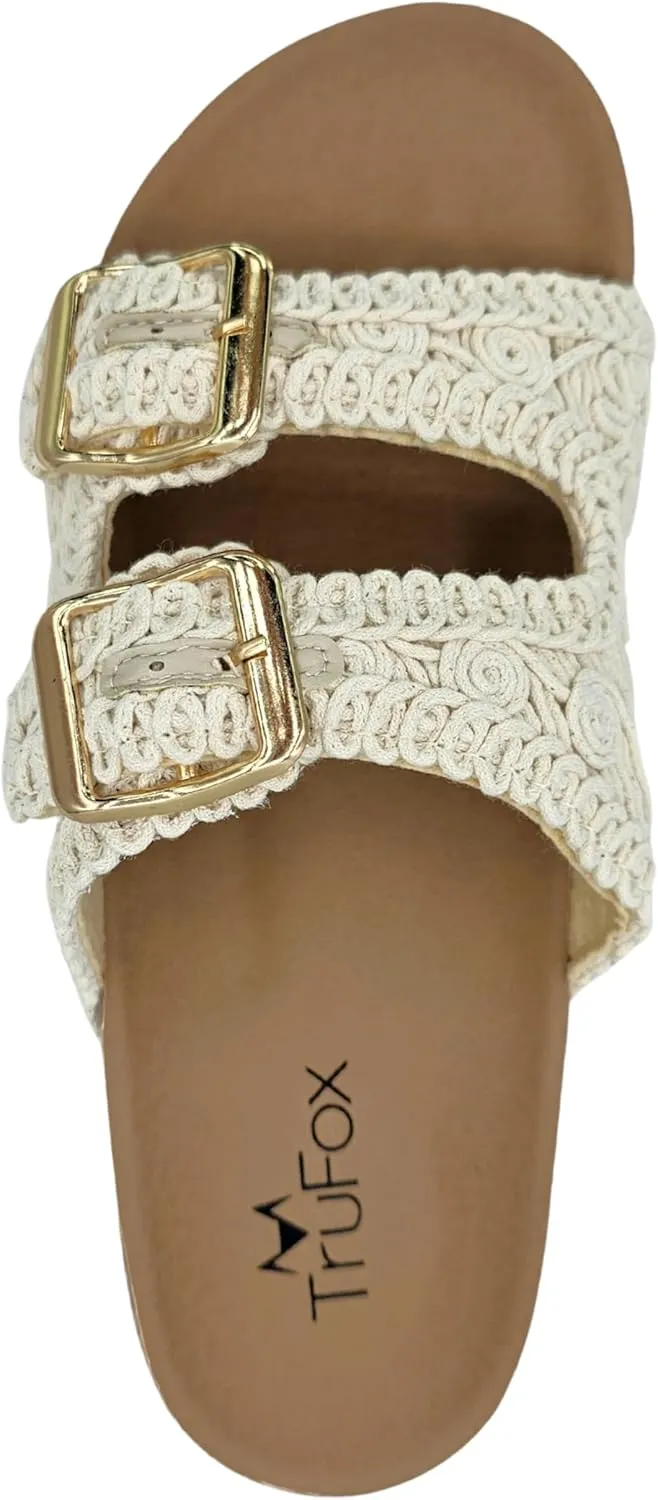 TruFox Women's Crochet Double Strap Flat Sandals Comfortable with Cork Molded Footbed