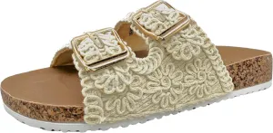 TruFox Women's Crochet Double Strap Flat Sandals Comfortable with Cork Molded Footbed