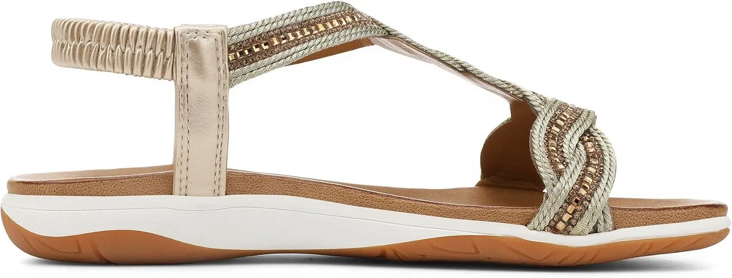 UBFEN Flat Sandals For Women Dressy Walking Comfortable Sandal With Rhinestone Braid Elastic Strap Summer Vacation