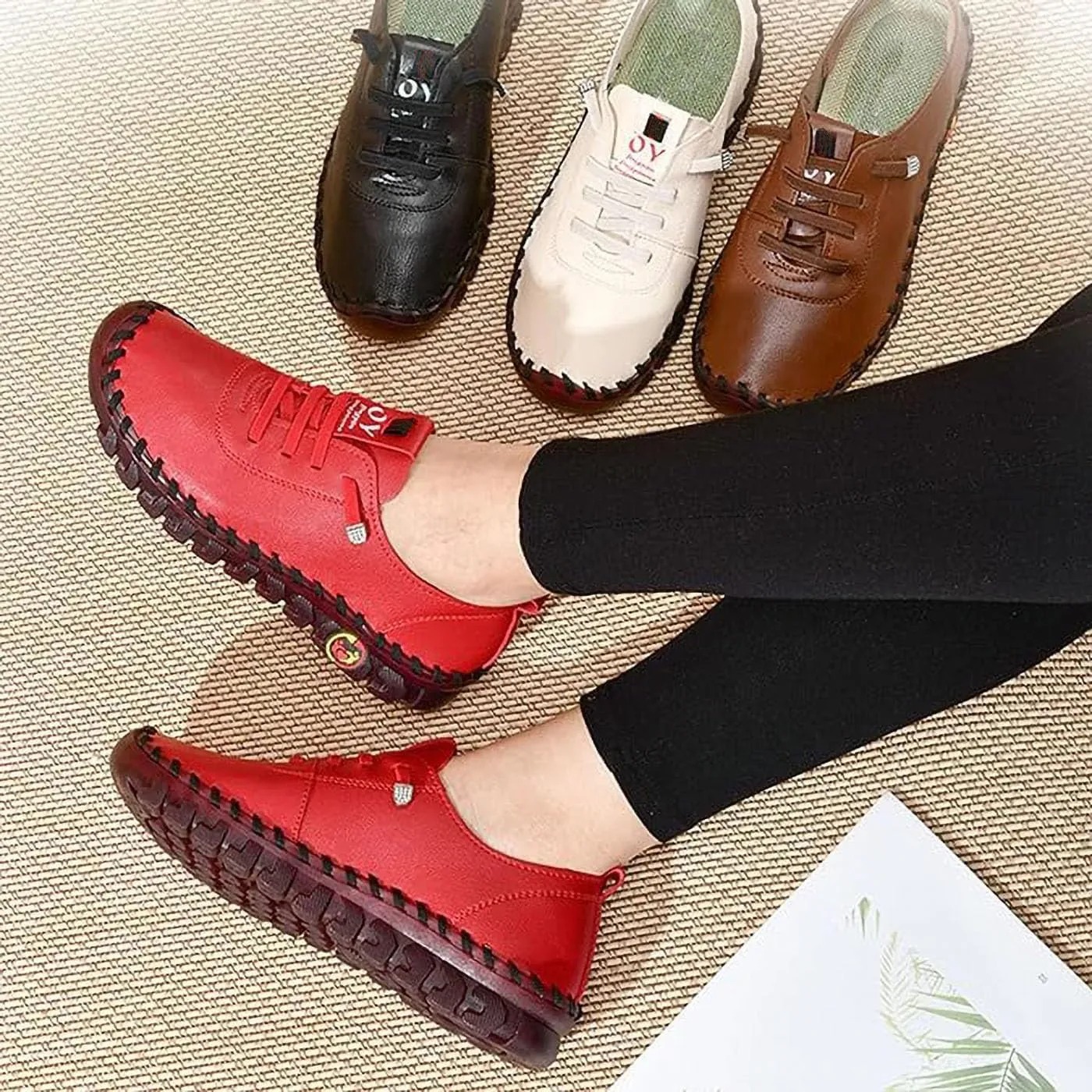 Ultra Soft Orthopedic Shoes for Women Leather Round Toe Flat Shoes Casual Walking Shoes with Arch Support Comfort Breathable