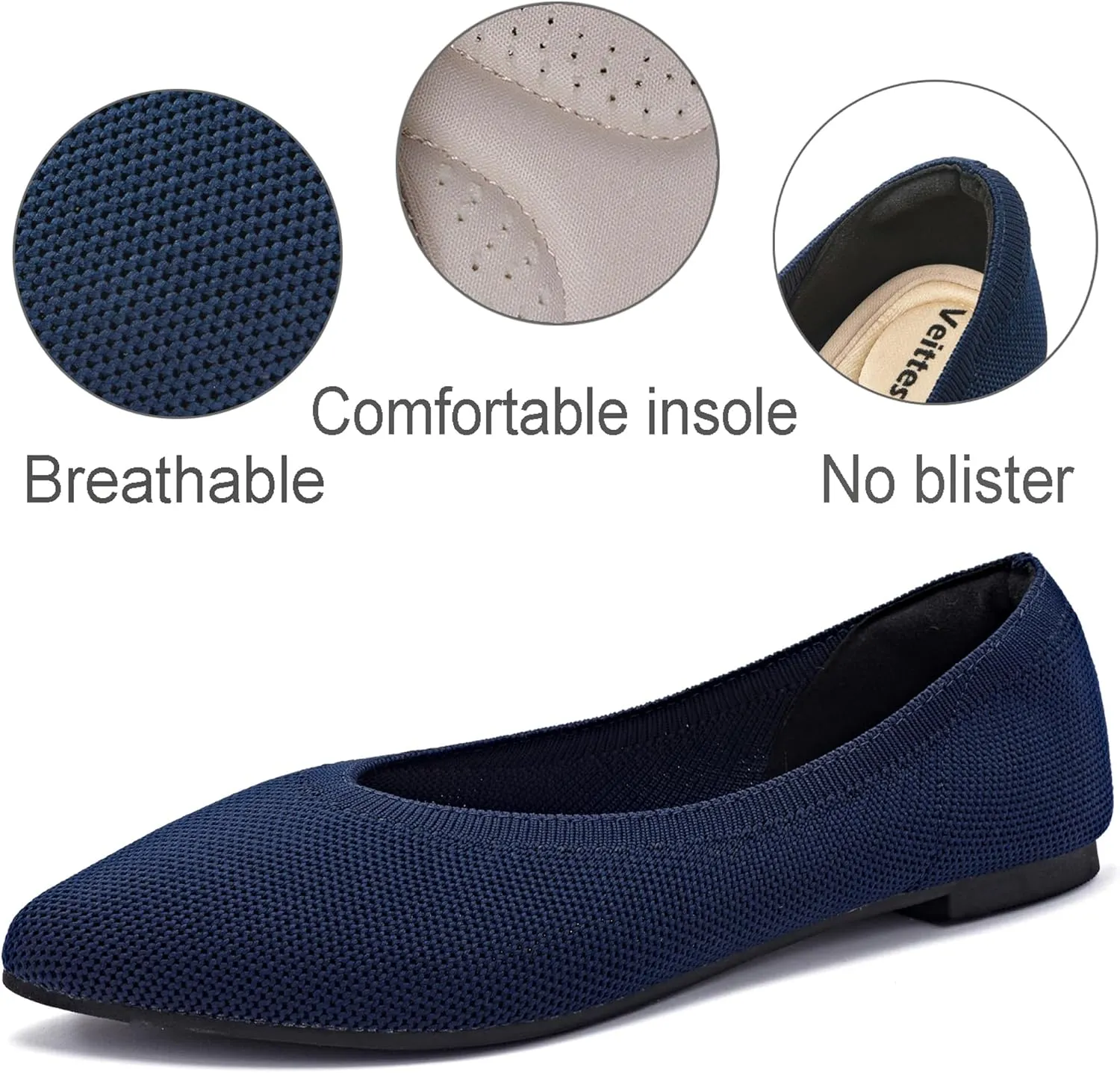 Veittes Women's Wide Width Flats Shoes, Comfortable Breathable Soft Ladies Slip on Knitted Ballet Shoes.