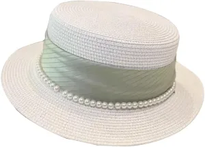 Vintage Flat Top Hat with Beads Wide Brim Boater Straw Hat for Women Summer Beach Sun Protection Hat