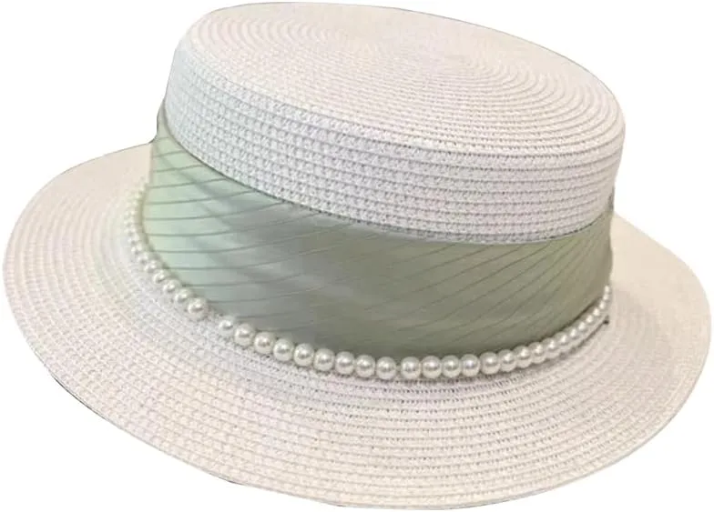 Vintage Flat Top Hat with Beads Wide Brim Boater Straw Hat for Women Summer Beach Sun Protection Hat