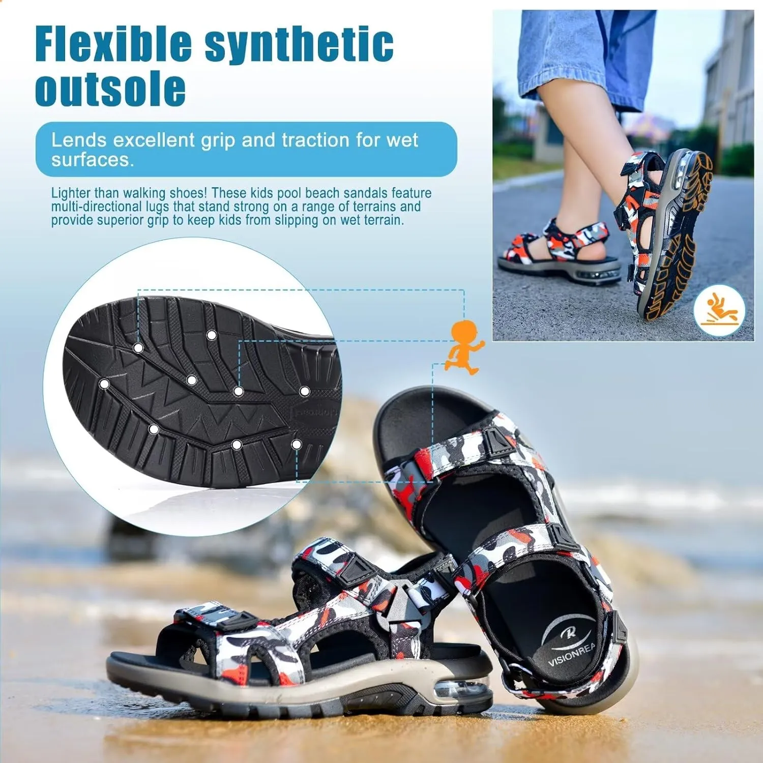 visionreast Boys Sandals Camouflage Print Kids Fashion Sport Sandals Outdoor Sandal Athletic Casual Sandals Beach Shoes