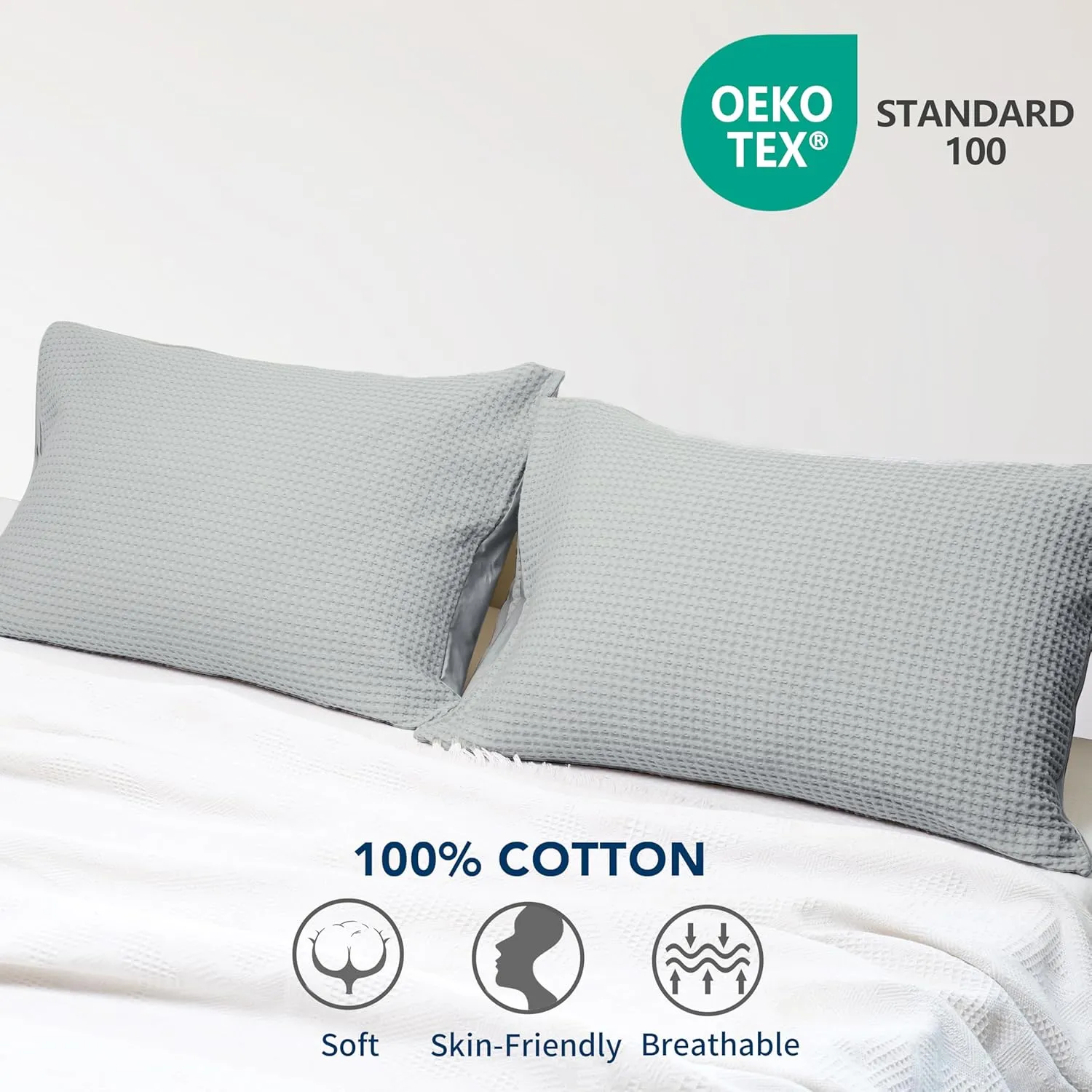 Waffle Weave Pillowcases King Size 2 Pack, 100% Egyptian Cotton 600 Thread Count, Ultra Soft Pillow Shams with Envelope Closure, Breathable Skin-Friendly Pillow Case, Grey, 20x36 Inches