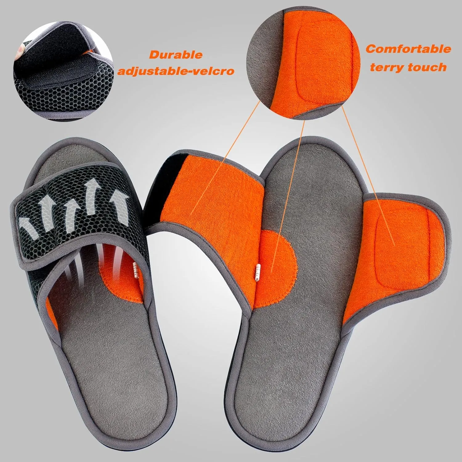 WALKFUN Adjustable House Slippers for Men Open Toe Breathable Indoor Slip on Mens Slides Sandals with Memory Foam for Bedroom,Patio