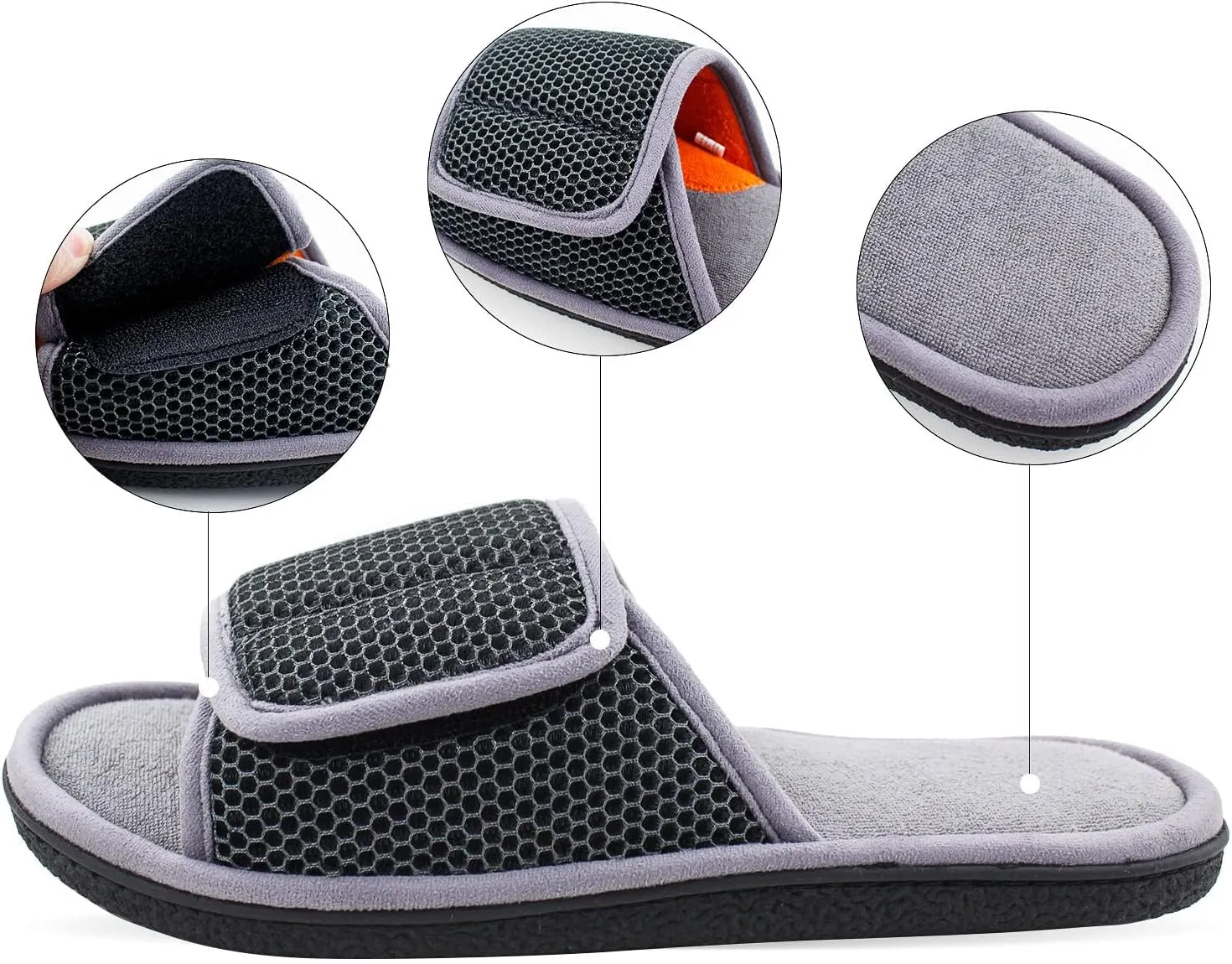 WALKFUN Adjustable House Slippers for Men Open Toe Breathable Indoor Slip on Mens Slides Sandals with Memory Foam for Bedroom,Patio