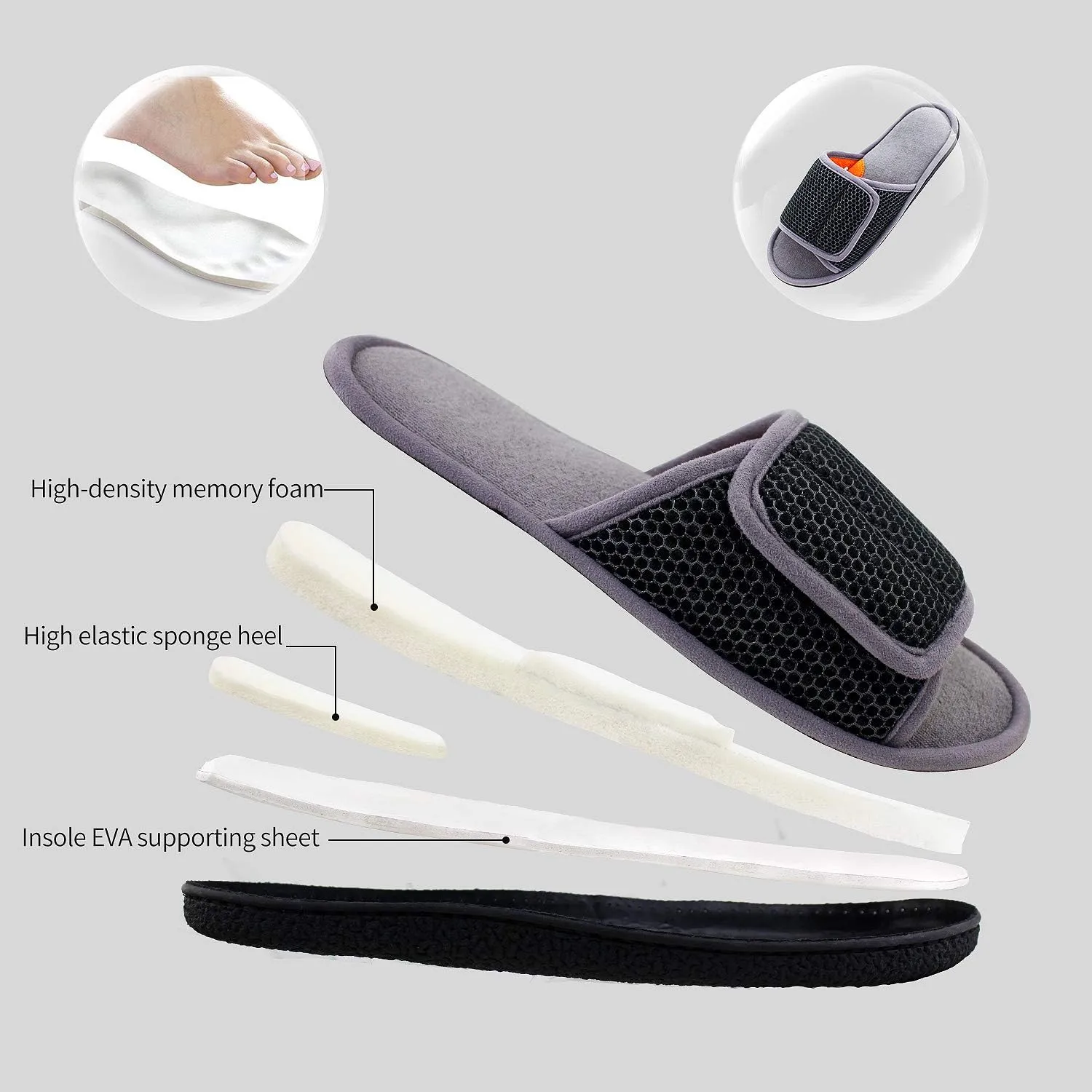 WALKFUN Adjustable House Slippers for Men Open Toe Breathable Indoor Slip on Mens Slides Sandals with Memory Foam for Bedroom,Patio