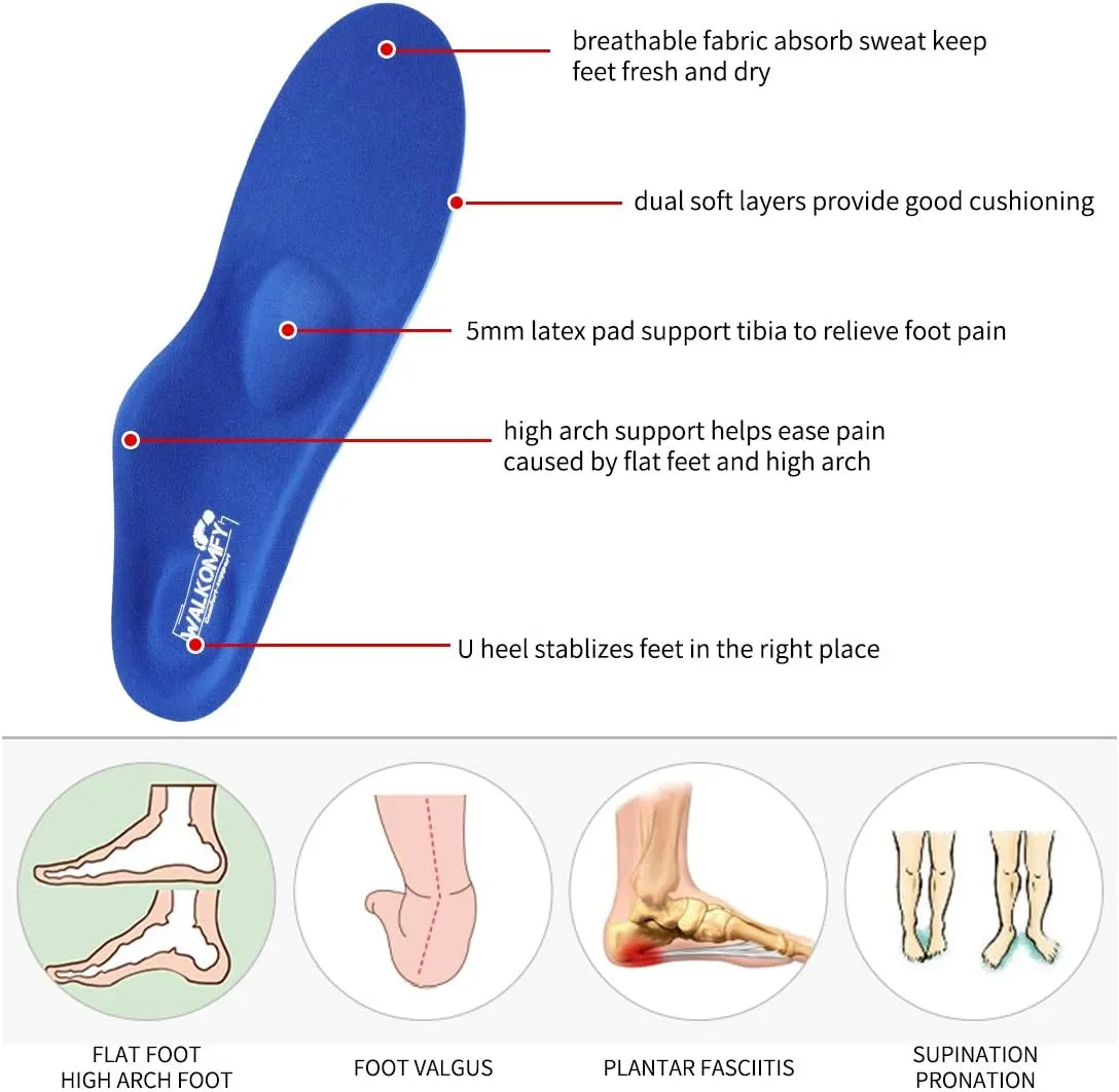 Walkomfy Full Length Orthotic Inserts Arch Support Insole, Insert for Flat Feet,Plantar Fasciitis,Feet Pain,Metatarsal Support Insoles for Men & Women Blue,9.84"